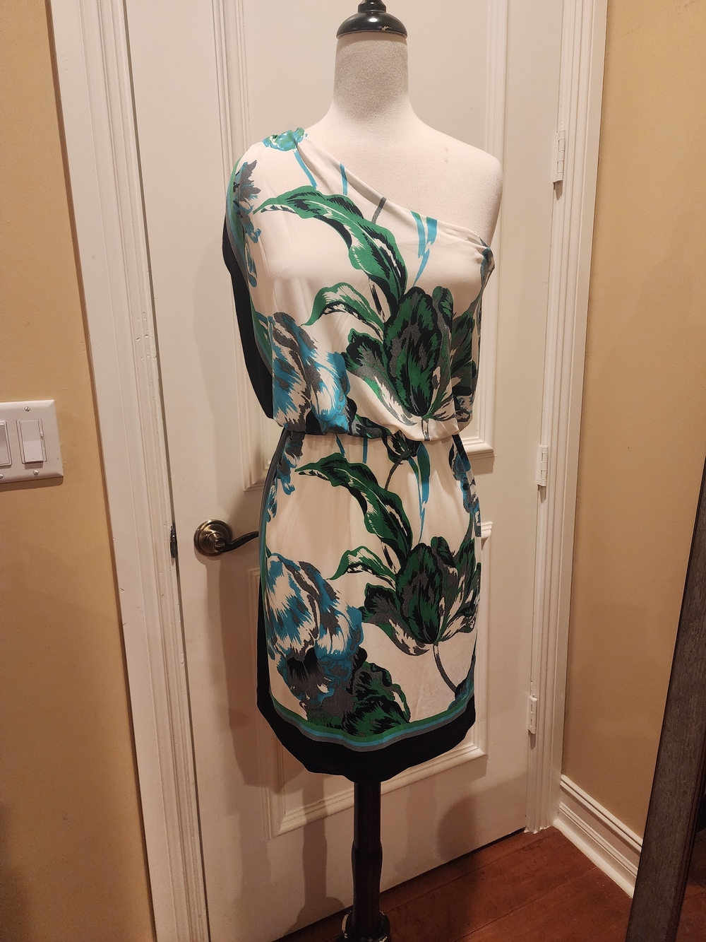 dressbarn White One-Shoulder Dress with Green & Teal Floral Print